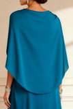 Peacock Blue Ruched Beaded Mother of the Bride Dress with Shawl