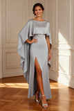 Elegant Grey Satin Sheath Mother of the Bride Dress with Shawl