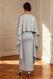 Elegant Grey Satin Sheath Mother of the Bride Dress with Shawl