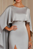 Elegant Grey Satin Sheath Mother of the Bride Dress with Shawl