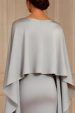 Elegant Grey Satin Sheath Mother of the Bride Dress with Shawl