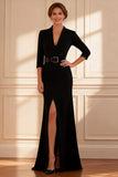 Elegant Black 3/4 Sleeve Mother of the Bride Dress with Belt