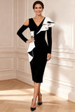 Black and White Ruffled Bodycon Midi Mother of the Bride Dress