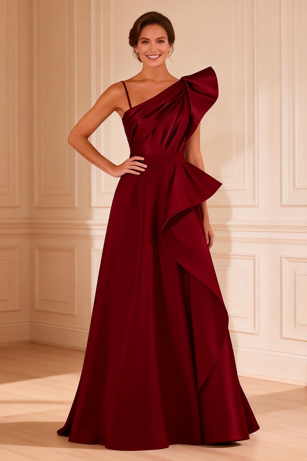 Berylove Women Asymmetrical Neck Mother of The Bride Dress Burgundy Ruffled A Line Satin Maxi Winter Wedding Guest Dress, Burgundy / US4 Berylove Women Asymmetrical Neck Mother of The Bride Dress Burgundy Ruffled A Line Satin Maxi Winter Wedding Guest Dress, Burgundy / US4