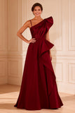 Burgundy Asymmetrical Neck Ruffled Mother of the Bride Dress