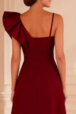 Burgundy Asymmetrical Neck Ruffled Mother of the Bride Dress