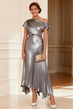 Metallic Silver A Line Ruched Mother of the Bride Dress