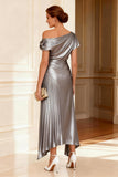 Metallic Silver A Line Ruched Mother of the Bride Dress