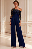 Navy Asymmetrical Neck Appliqued Mother of the Bride Jumpsuit