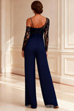 Navy Asymmetrical Neck Appliqued Mother of the Bride Jumpsuit