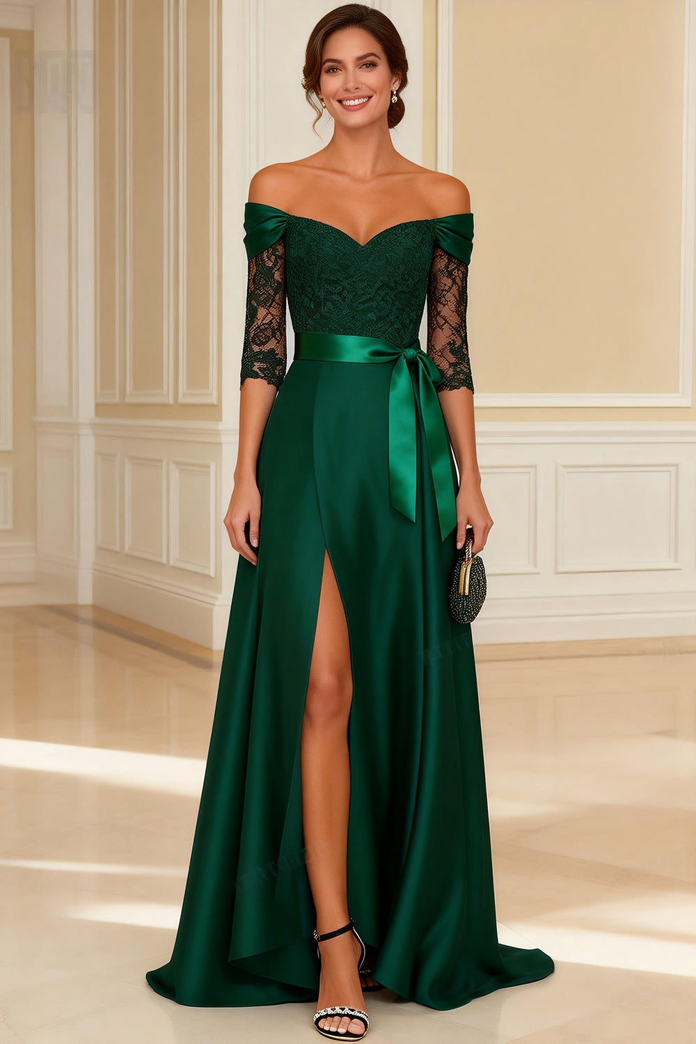 Berylove Women Dark Green Mother of The Bride Dress with Slit Off The Shoulder Lace A Line Maxi Winter Wedding Guest Dress with Sash, Dark Green / Berylove Women Dark Green Mother of The Bride Dress with Slit Off The Shoulder Lace A Line Maxi Winter Wedding Guest Dress with Sash, Dark Green /