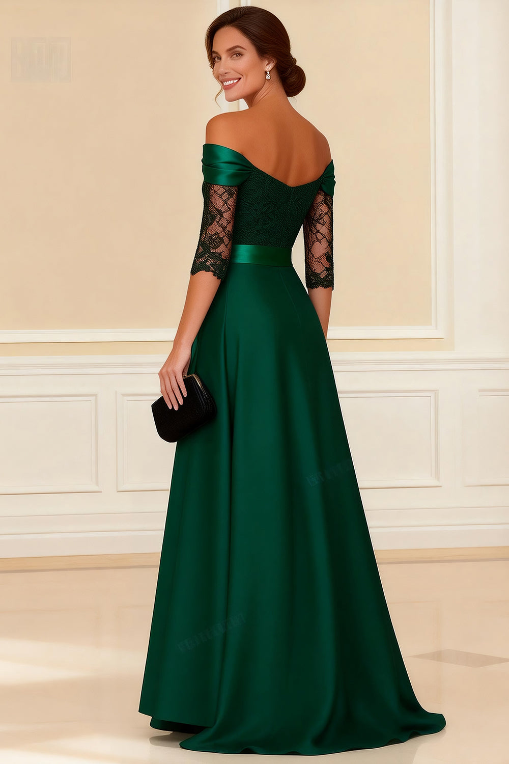 Berylove Women Dark Green Mother of the Bride Dress with Slit Off the Shoulder Lace A Line Maxi Winter Wedding Guest Dress with Sash, Dark Green / Berylove Women Dark Green Mother of the Bride Dress with Slit Off the Shoulder Lace A Line Maxi Winter Wedding Guest Dress with Sash, Dark Green /