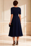 Simple Navy A Line V Neck Mother of the Bride Dress