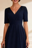 Simple Navy A Line V Neck Mother of the Bride Dress