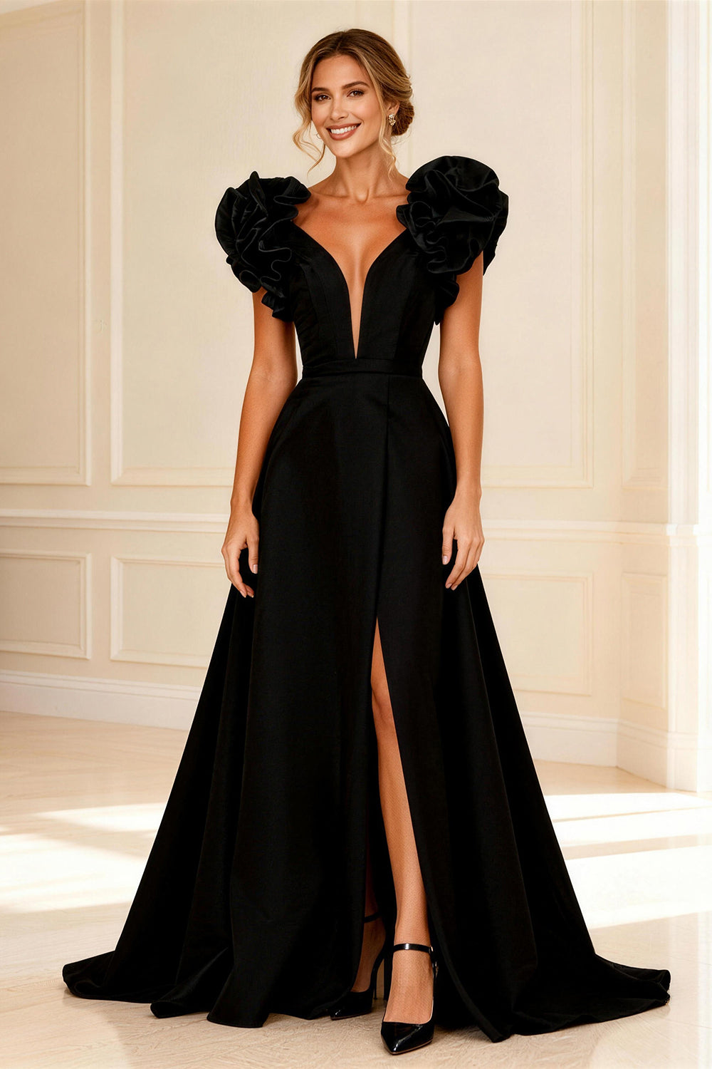 Berylove Women Black A Line Mother of the Bride Dress Ruffled Maxi Winter Wedding Guest Dress with Slit, Black / US12 Berylove Women Black A Line Mother of the Bride Dress Ruffled Maxi Winter Wedding Guest Dress with Slit, Black / US12