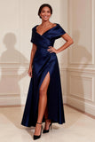 Navy Off the Shoulder Satin A Line Mother of the Bride Dress
