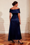 Navy Off the Shoulder Satin A Line Mother of the Bride Dress