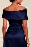 Navy Off the Shoulder Satin A Line Mother of the Bride Dress