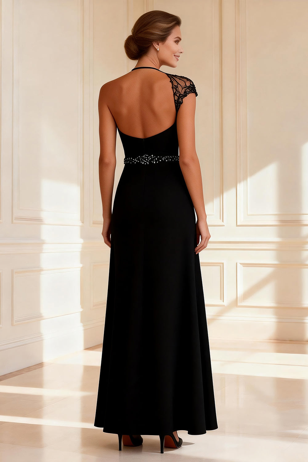 Berylove Women Halter Black Mother of the Bride Dress A Line Cap Sleeve Maxi Winter Wedding Guest Dress with Slit, Black / custom Berylove Women Halter Black Mother of the Bride Dress A Line Cap Sleeve Maxi Winter Wedding Guest Dress with Slit, Black / custom
