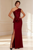 Burgundy One Shoulder Mermaid Ruffled Mother of the Bride Dress