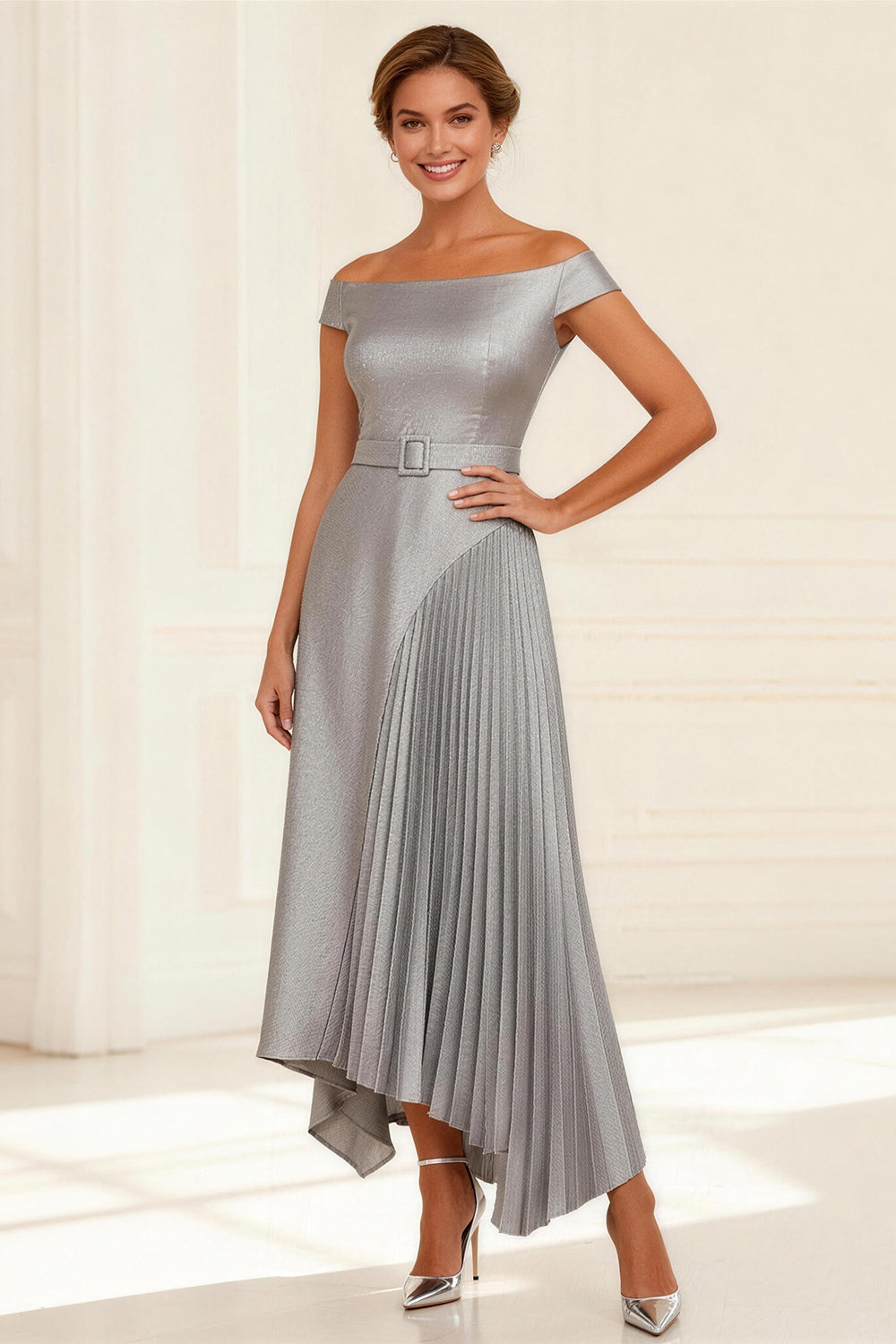 Berylove Women Off the Shoulder Mother of the Bride Dress Silver A Line Pleated Maxi Winter Wedding Guest Dress with Belt, Silver / US10 Berylove Women Off the Shoulder Mother of the Bride Dress Silver A Line Pleated Maxi Winter Wedding Guest Dress with Belt, Silver / US10