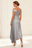 Silver Off the Shoulder Pleated Mother of the Bride Dress with Belt