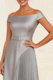 Silver Off the Shoulder Pleated Mother of the Bride Dress with Belt
