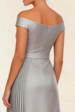 Silver Off the Shoulder Pleated Mother of the Bride Dress with Belt