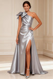 One Shoulder Satin Silver Bowed Mother of the Bride Dress