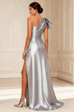 One Shoulder Satin Silver Bowed Mother of the Bride Dress