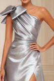 One Shoulder Satin Silver Bowed Mother of the Bride Dress