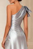 One Shoulder Satin Silver Bowed Mother of the Bride Dress