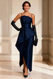 Navy Spaghetti Straps Sheath Satin Mother of the Bride Dress