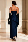 Navy Spaghetti Straps Sheath Satin Mother of the Bride Dress