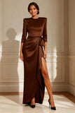 Round Neck Ruffled Chocolate Maxi Mother of the Bride Dress