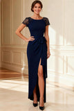 Navy Sheath Lace Bowed Maxi Mother of the Bride Dress