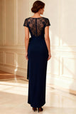 Navy Sheath Lace Bowed Maxi Mother of the Bride Dress