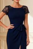 Navy Sheath Lace Bowed Maxi Mother of the Bride Dress