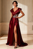 Sparkly Burgundy Satin A Line Beaded Mother of the Bride Dress