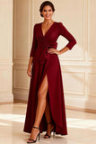 Burgundy A Line Bowed V Neck Mother of the Bride Dress