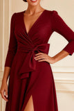 Burgundy A Line Bowed V Neck Mother of the Bride Dress