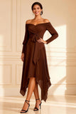 Off the Shoulder A Line Chocolate Bowed Mother of the Bride Dress