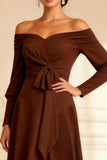 Off the Shoulder A Line Chocolate Bowed Mother of the Bride Dress