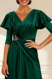 Dark Green A Line Beaded Satin Mother of the Bride Dress