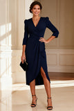Elegant Navy 3/4 Sleeve Midi Mother of the Bride Dress