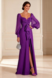 Purple Long Sleeve Ruched Mother of the Bride Dress with Sash