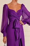 Purple Long Sleeve Ruched Mother of the Bride Dress with Sash