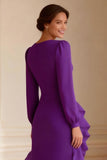 Purple Long Sleeve Ruched Mother of the Bride Dress with Sash