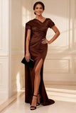 Chocolate Satin Ruched Mother of the Bride Dress