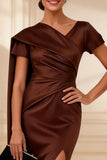 Chocolate Satin Ruched Mother of the Bride Dress